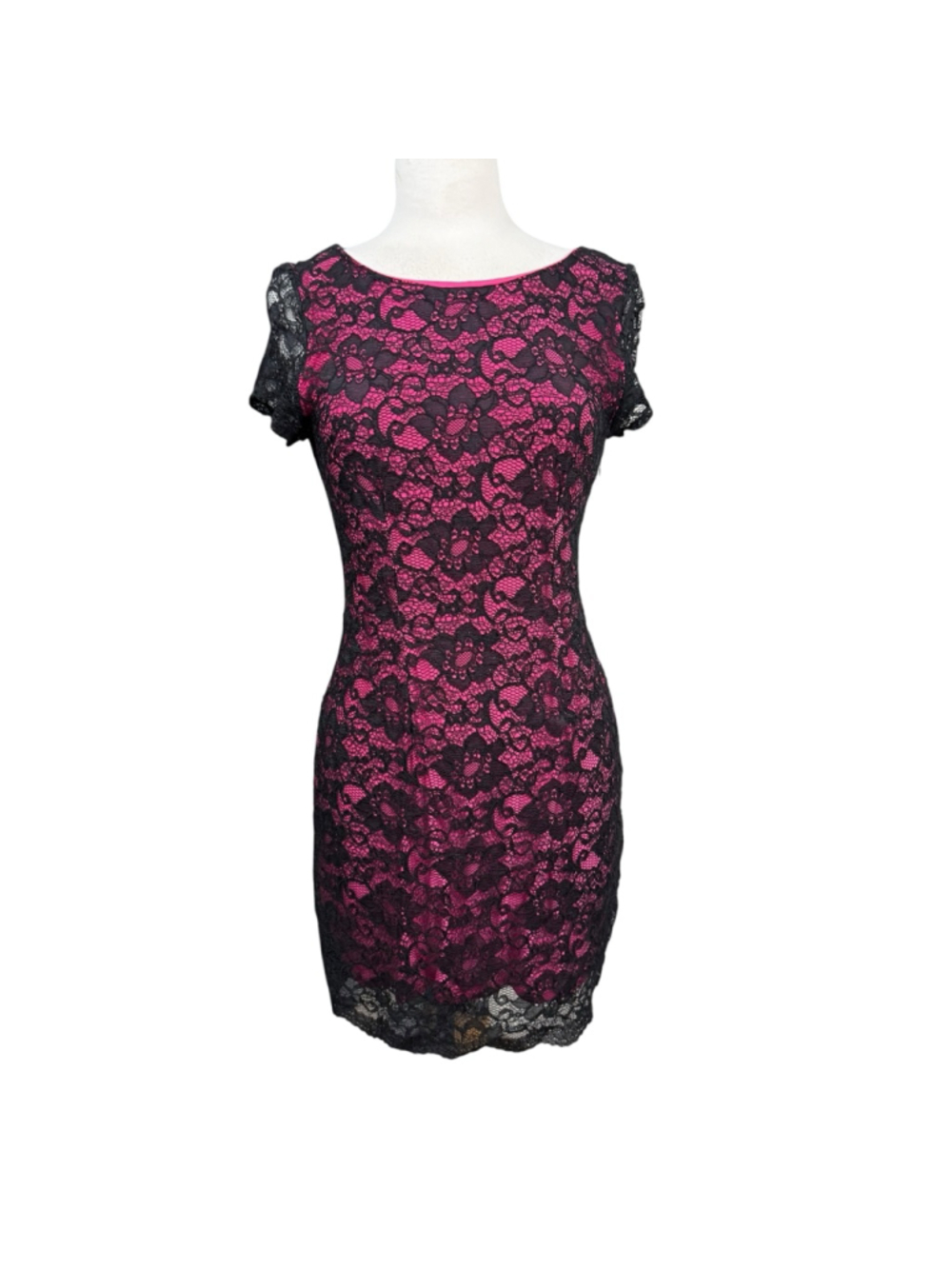 Women's Bebe Pink & Black Lace Short Sleeve Dress M - Picture 1 of 8